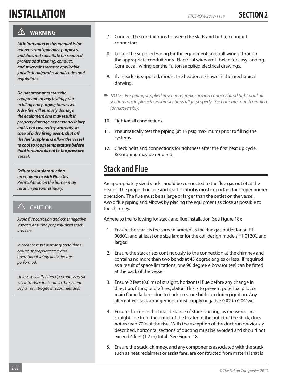 Installation, Stack and flue | Fulton Vertical Coil (FT-C_S) Thermal Fluid (hot oil) Heater User Manual | Page 38 / 92