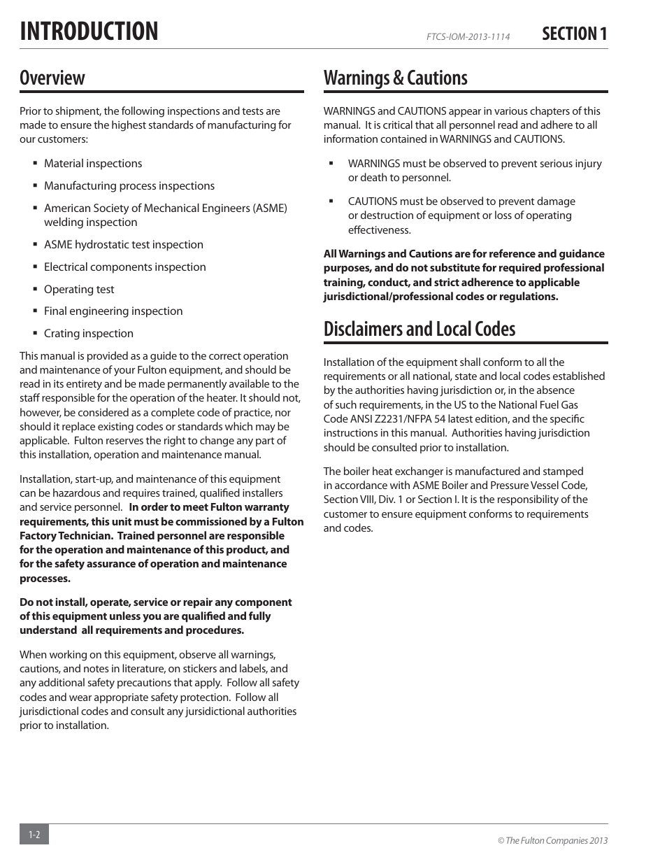 Introduction, Overview, Warnings & cautions | Disclaimers and local codes | Fulton Vertical Coil (FT-C_S) Thermal Fluid (hot oil) Heater User Manual | Page 4 / 92