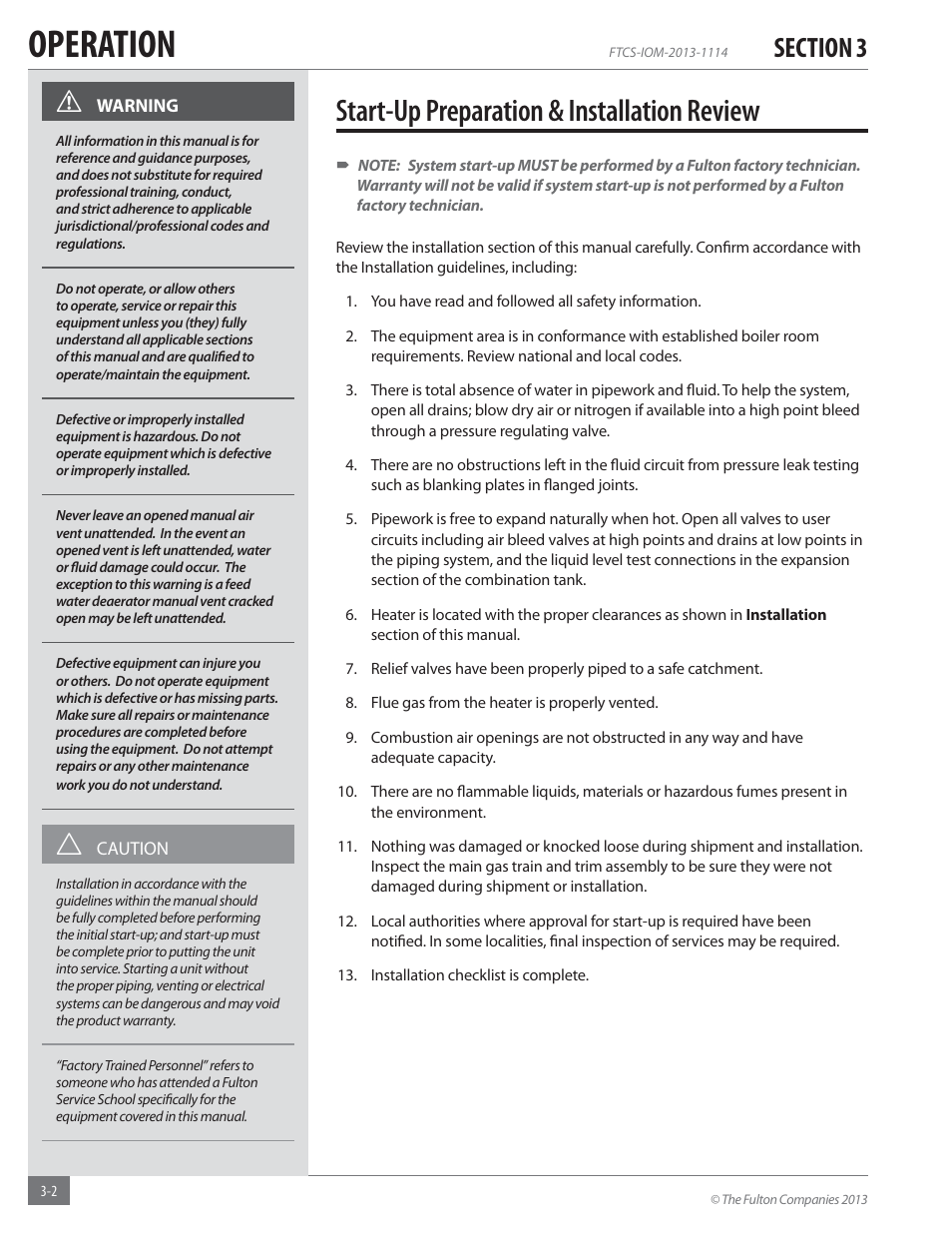 Operation, Start-up preparation & installation review | Fulton Vertical Coil (FT-C_S) Thermal Fluid (hot oil) Heater User Manual | Page 42 / 92