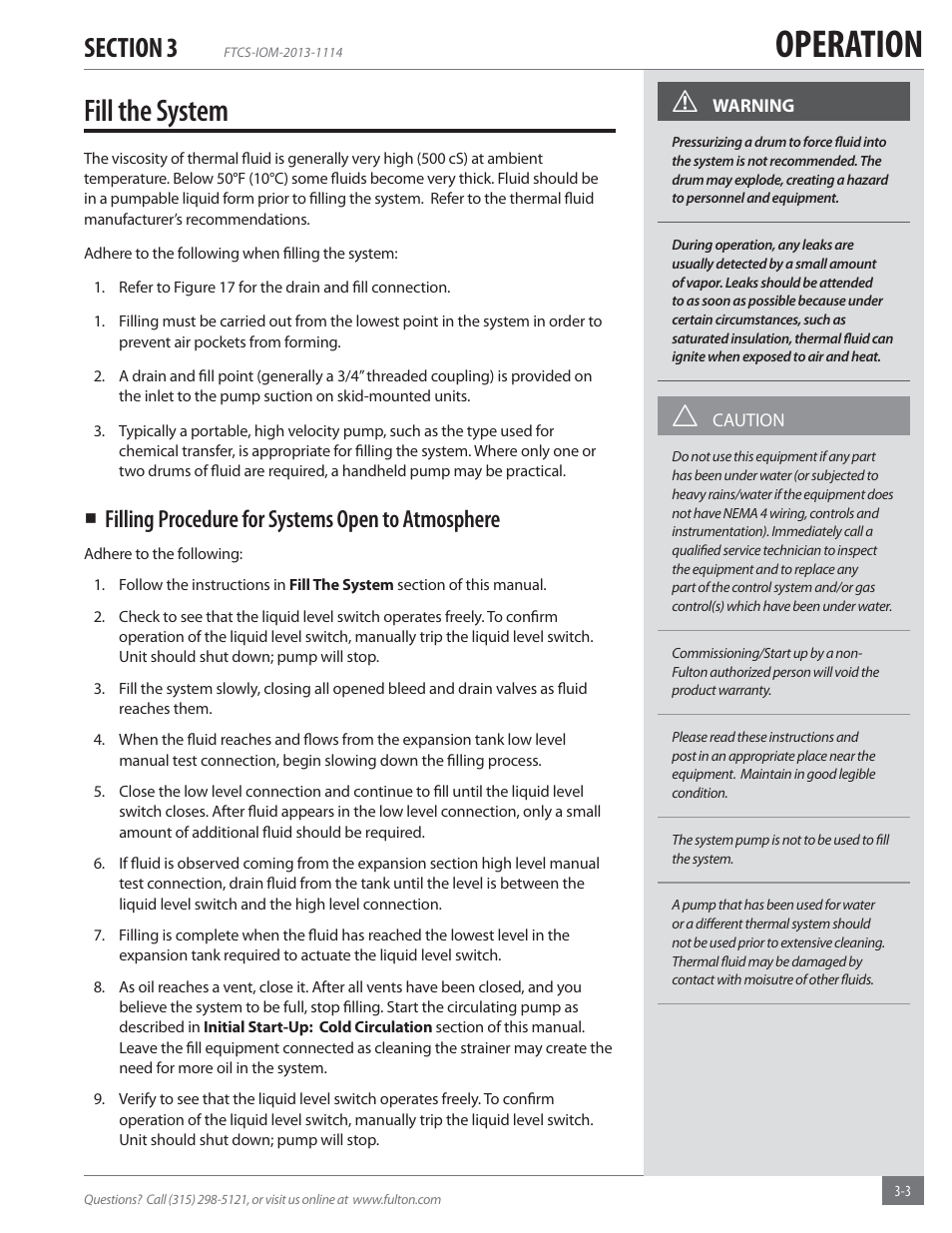 Operation, Fill the system, Filling procedure for systems open to atmosphere | Fulton Vertical Coil (FT-C_S) Thermal Fluid (hot oil) Heater User Manual | Page 43 / 92