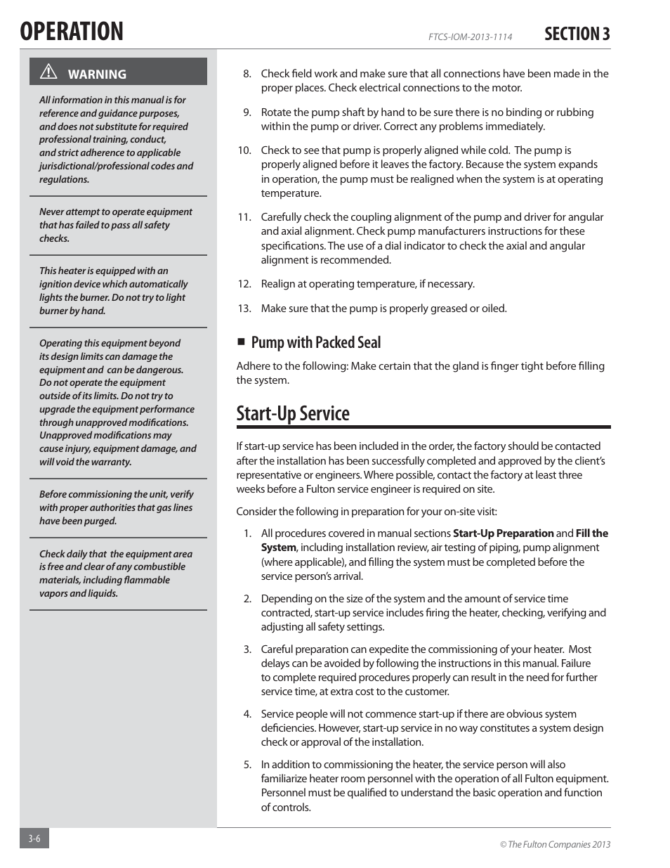 Operation, Start-up service, Pump with packed seal | Fulton Vertical Coil (FT-C_S) Thermal Fluid (hot oil) Heater User Manual | Page 46 / 92