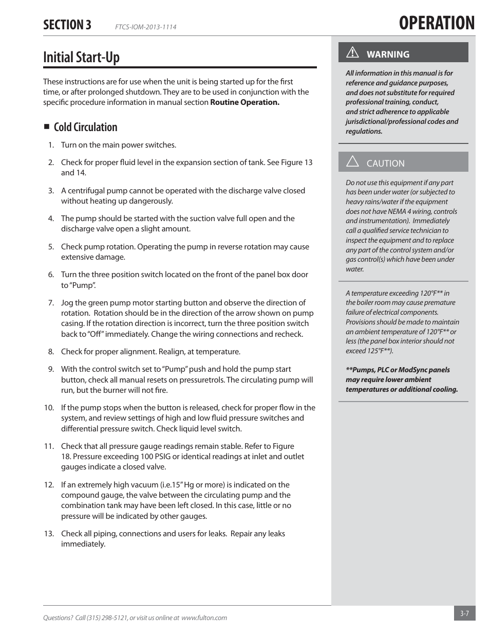 Operation, Initial start-up, Cold circulation | Fulton Vertical Coil (FT-C_S) Thermal Fluid (hot oil) Heater User Manual | Page 47 / 92