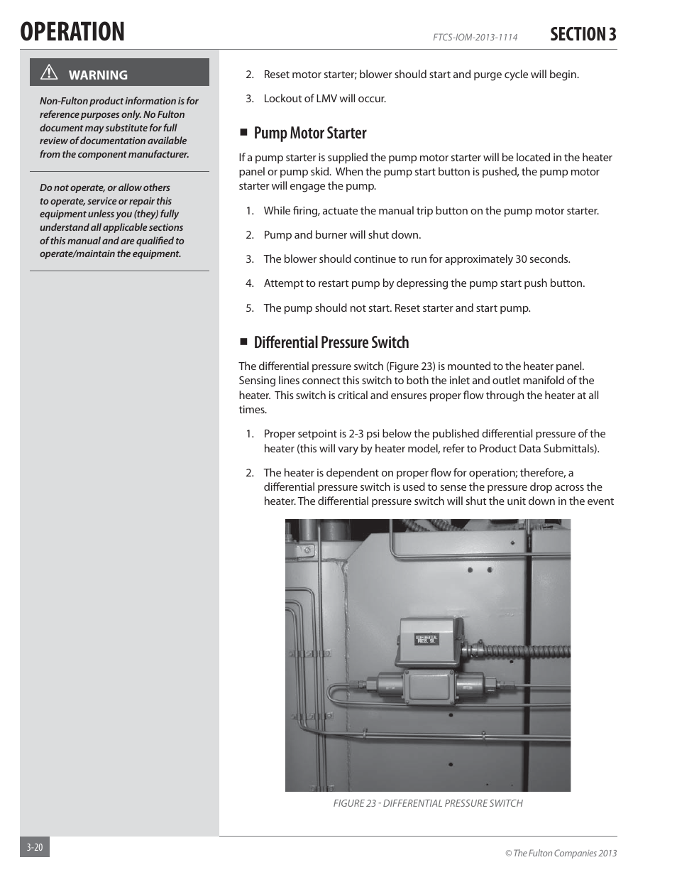 Operation, Pump motor starter, Diﬀ erential pressure switch | Fulton Vertical Coil (FT-C_S) Thermal Fluid (hot oil) Heater User Manual | Page 60 / 92