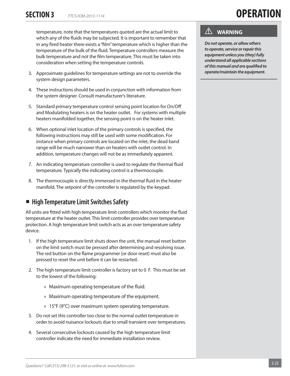 Operation, High temperature limit switches safety | Fulton Vertical Coil (FT-C_S) Thermal Fluid (hot oil) Heater User Manual | Page 63 / 92