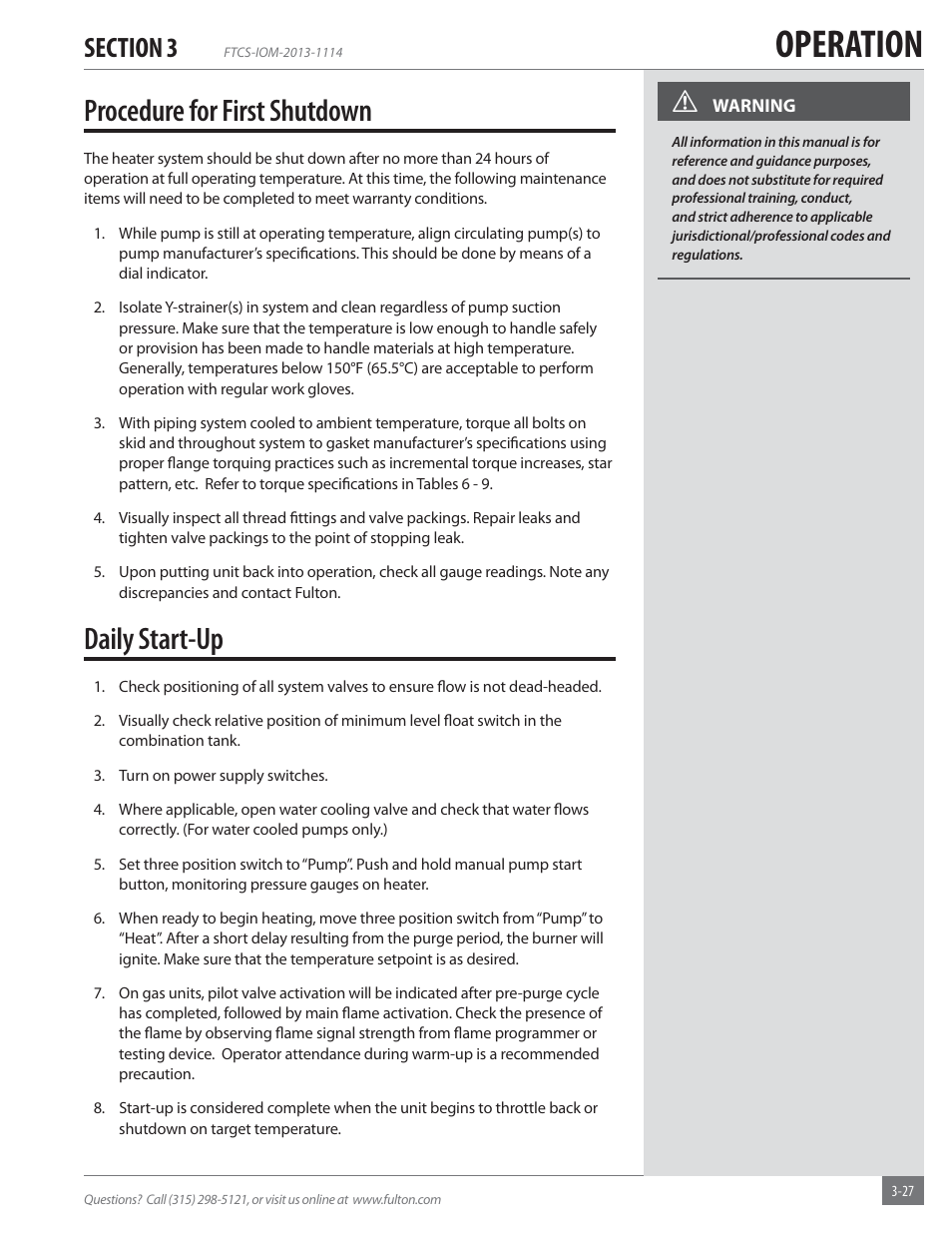 Operation, Procedure for first shutdown, Daily start-up | Fulton Vertical Coil (FT-C_S) Thermal Fluid (hot oil) Heater User Manual | Page 67 / 92