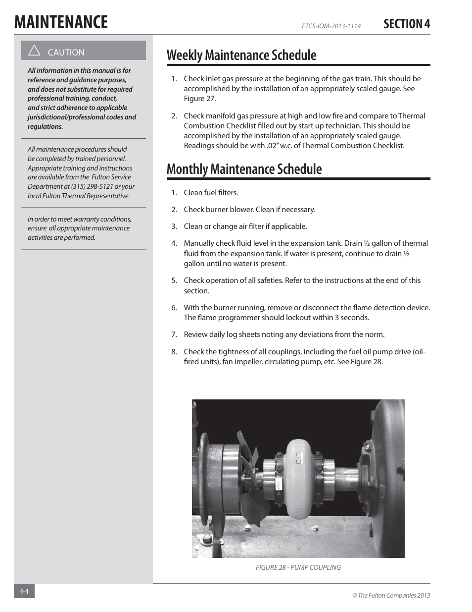 Maintenance, Weekly maintenance schedule, Monthly maintenance schedule | Fulton Vertical Coil (FT-C_S) Thermal Fluid (hot oil) Heater User Manual | Page 72 / 92