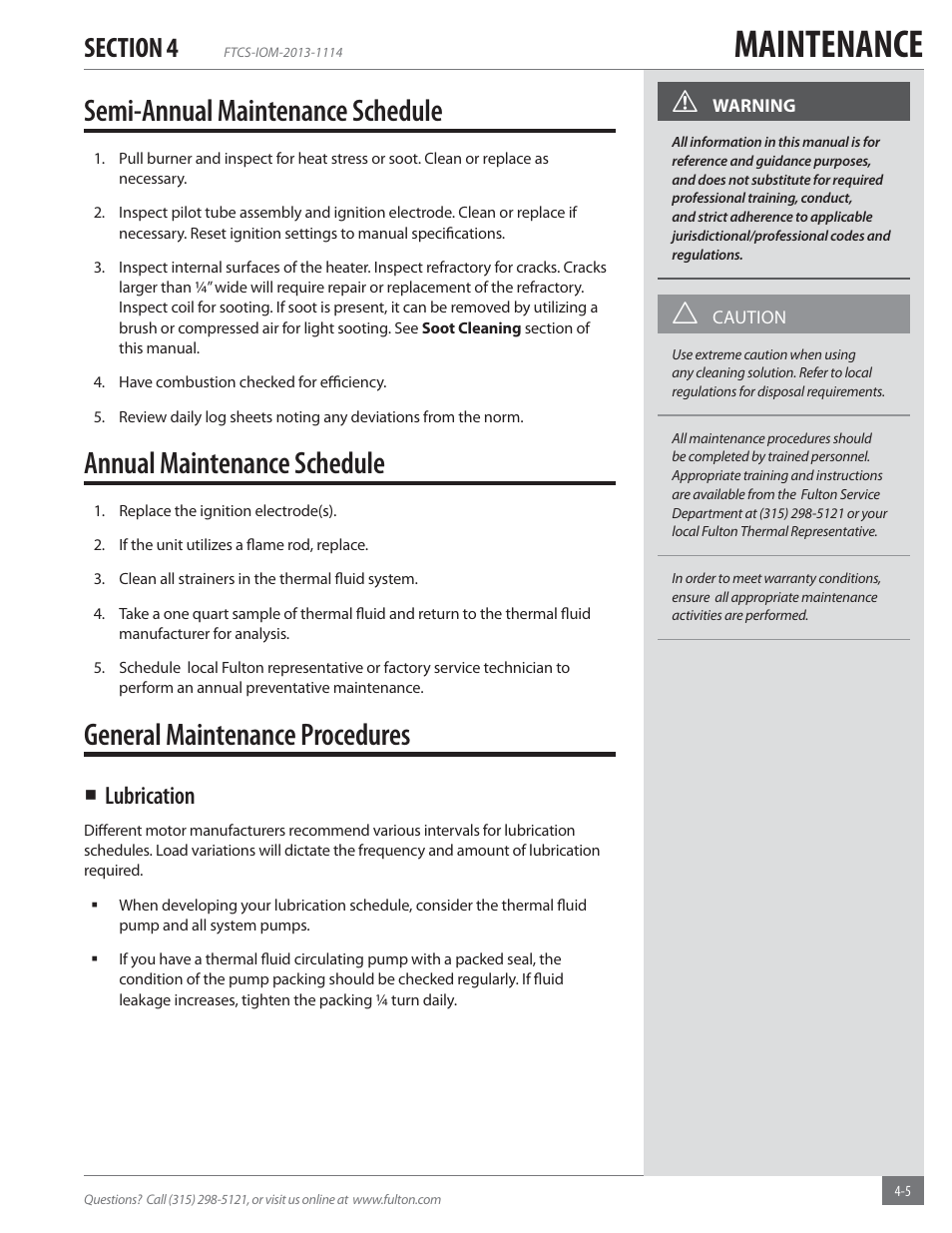 Maintenance, Semi-annual maintenance schedule, Annual maintenance schedule | General maintenance procedures, Lubrication | Fulton Vertical Coil (FT-C_S) Thermal Fluid (hot oil) Heater User Manual | Page 73 / 92