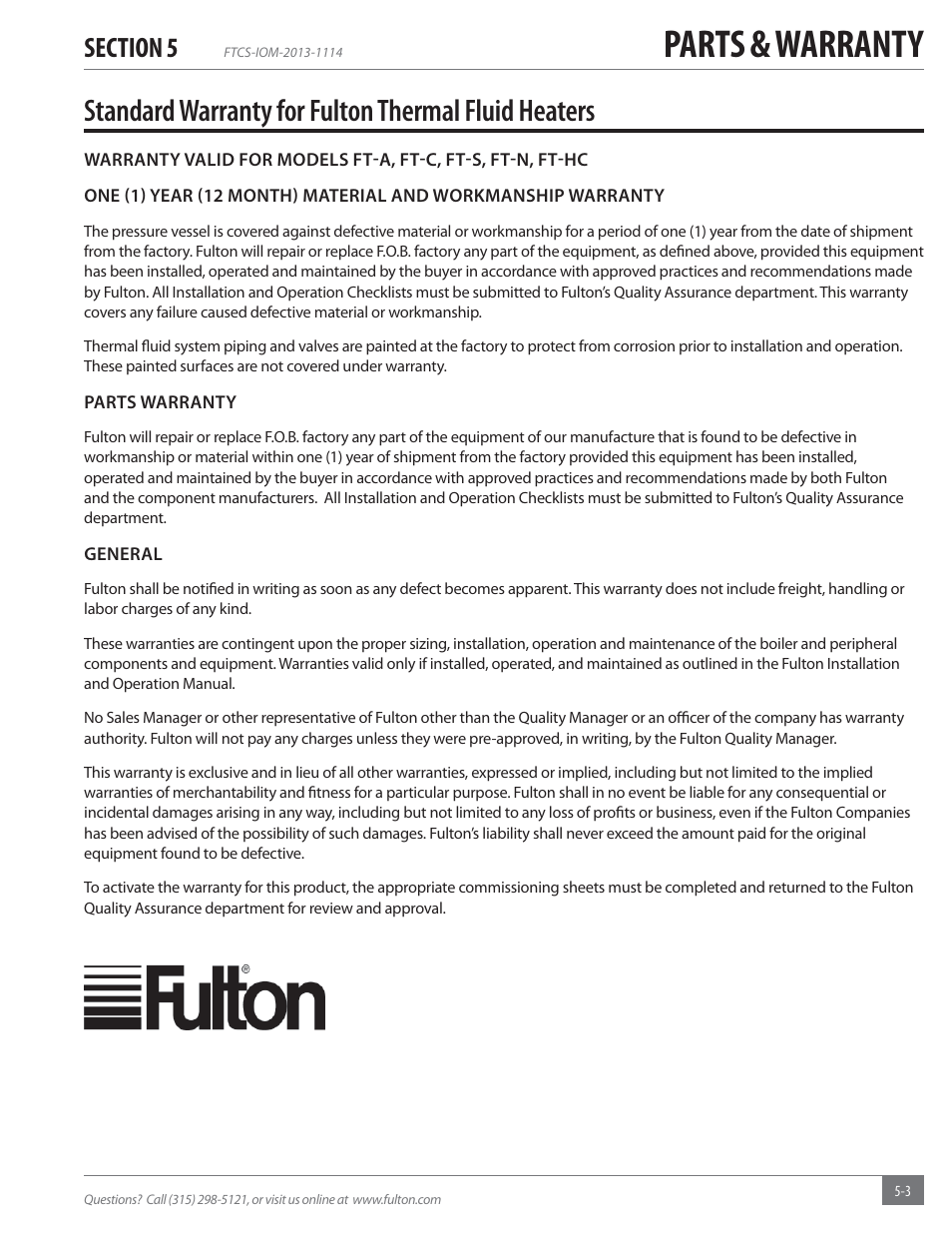Parts & warranty, Standard warranty for fulton thermal fluid heaters | Fulton Vertical Coil (FT-C_S) Thermal Fluid (hot oil) Heater User Manual | Page 89 / 92