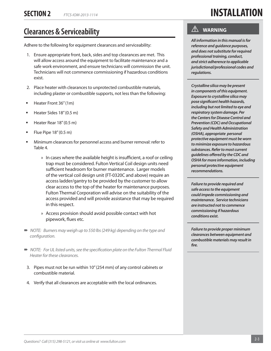 Installation, Clearances & serviceability | Fulton Vertical Coil (FT-C_S) Thermal Fluid (hot oil) Heater User Manual | Page 9 / 92