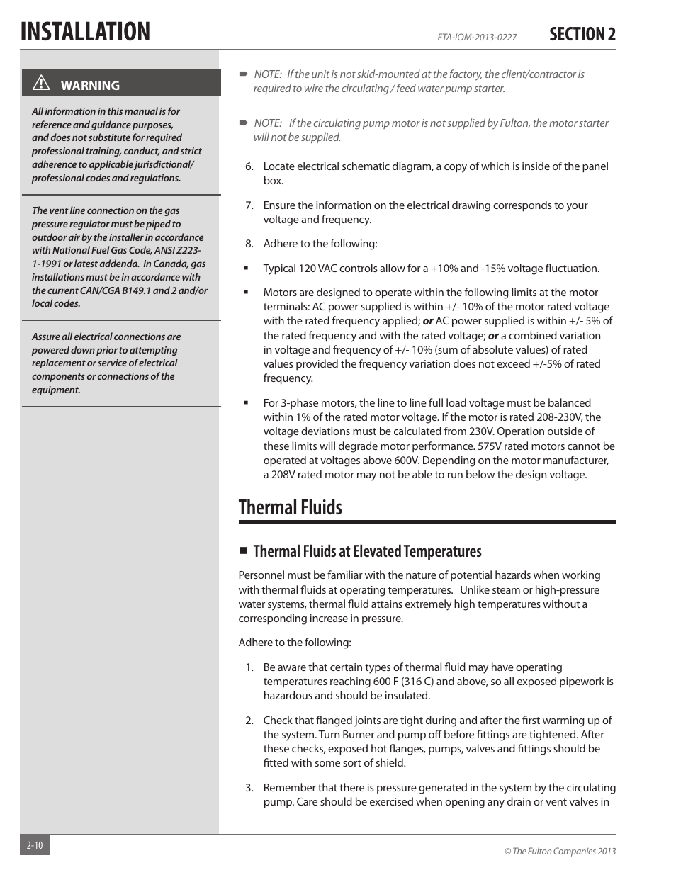 Installation, Thermal fluids, Thermal fluids at elevated temperatures | Fulton Vertical Tubeless (FT-A) Thermal Fluid (hot oil) Heater User Manual | Page 16 / 84