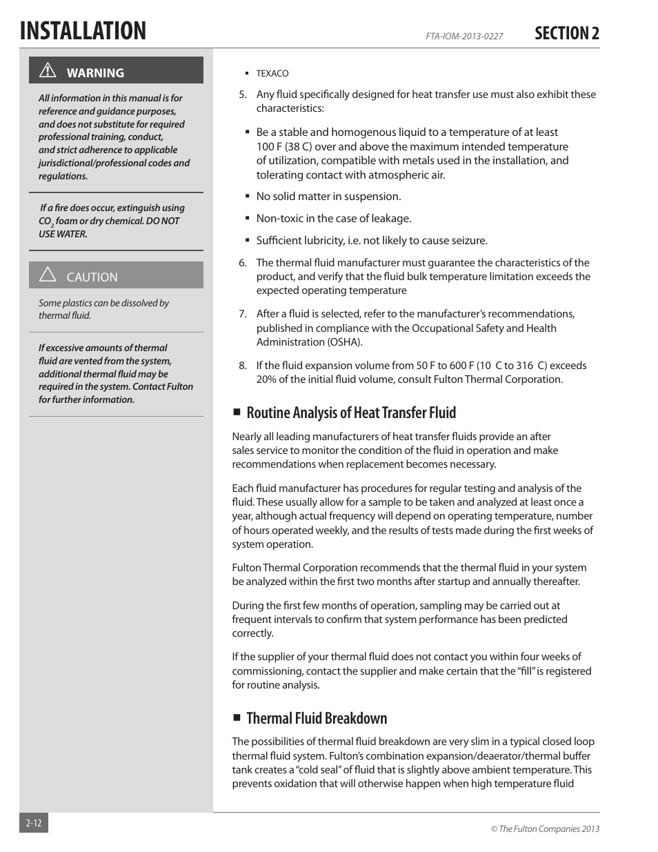 Installation, Routine analysis of heat transfer fluid, Thermal fluid breakdown | Fulton Vertical Tubeless (FT-A) Thermal Fluid (hot oil) Heater User Manual | Page 18 / 84