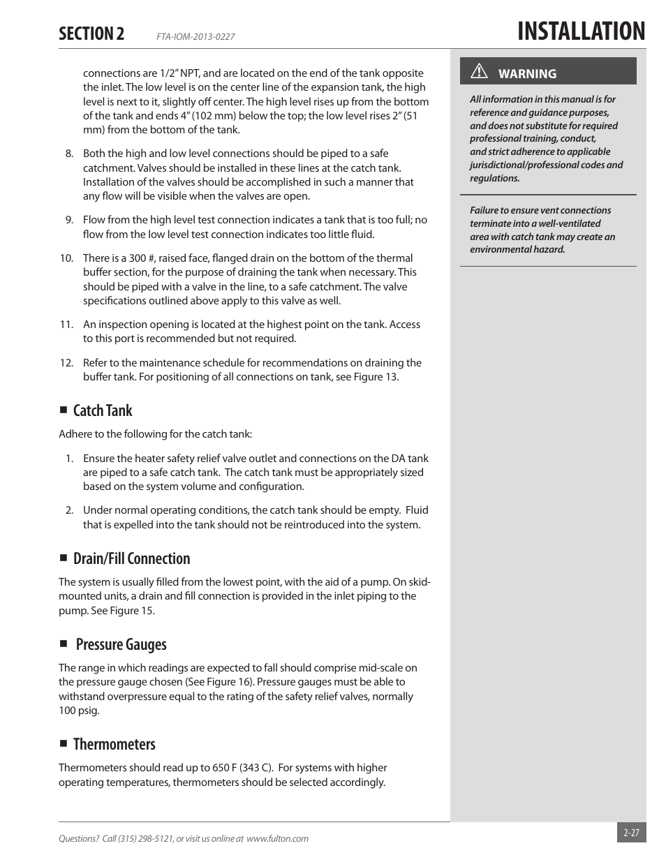 Installation, Catch tank, Drain/fill connection | Pressure gauges, Thermometers | Fulton Vertical Tubeless (FT-A) Thermal Fluid (hot oil) Heater User Manual | Page 33 / 84