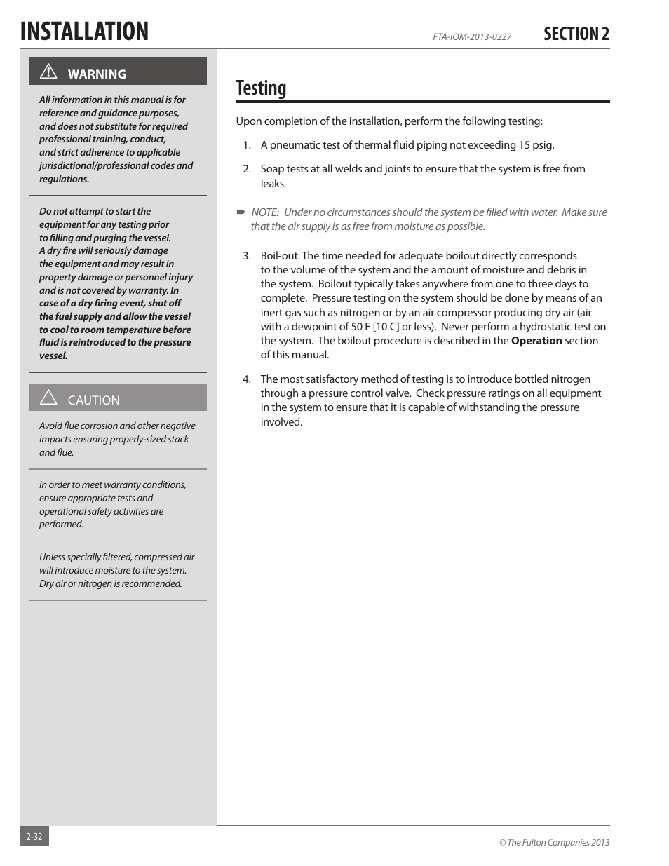 Installation, Testing | Fulton Vertical Tubeless (FT-A) Thermal Fluid (hot oil) Heater User Manual | Page 38 / 84