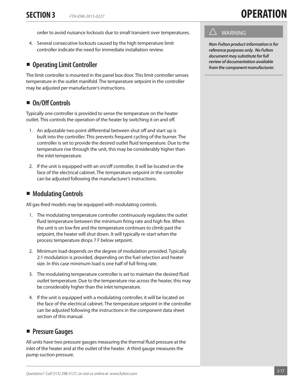 Operation, Operating limit controller, On/off controls | Modulating controls, Pressure gauges | Fulton Vertical Tubeless (FT-A) Thermal Fluid (hot oil) Heater User Manual | Page 57 / 84
