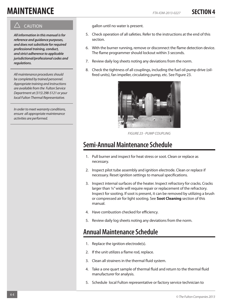 Maintenance, Semi-annual maintenance schedule, Annual maintenance schedule | Fulton Vertical Tubeless (FT-A) Thermal Fluid (hot oil) Heater User Manual | Page 64 / 84