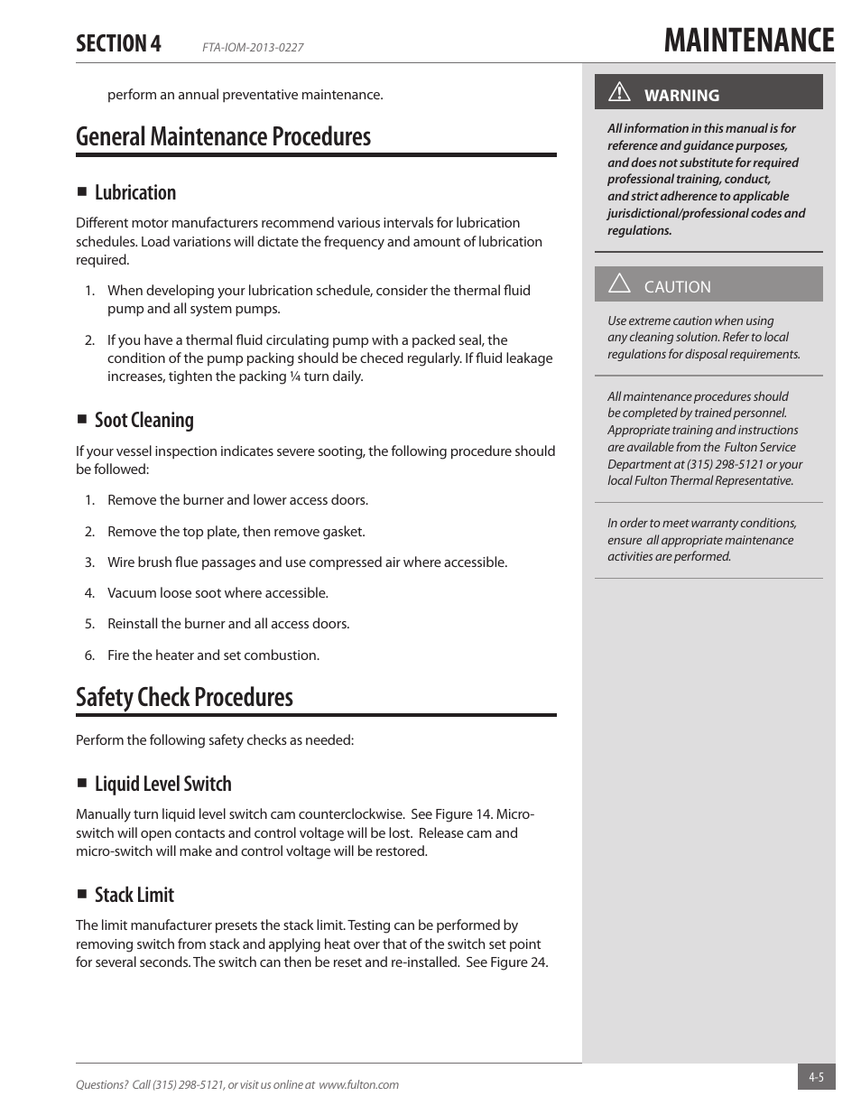 Maintenance, General maintenance procedures, Safety check procedures | Lubrication, Soot cleaning, Liquid level switch, Stack limit | Fulton Vertical Tubeless (FT-A) Thermal Fluid (hot oil) Heater User Manual | Page 65 / 84