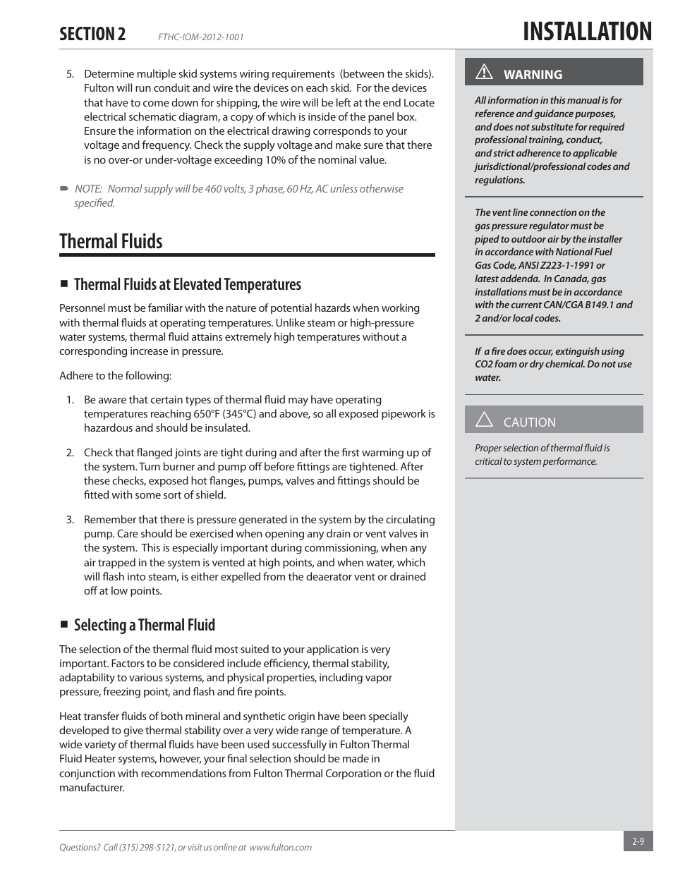 Installation, Thermal fluids, Thermal fluids at elevated temperatures | Selecting a thermal fluid | Fulton Alliance (FT-HC) Horizontal Coil Thermal Fluid (hot oil) Heater User Manual | Page 15 / 88