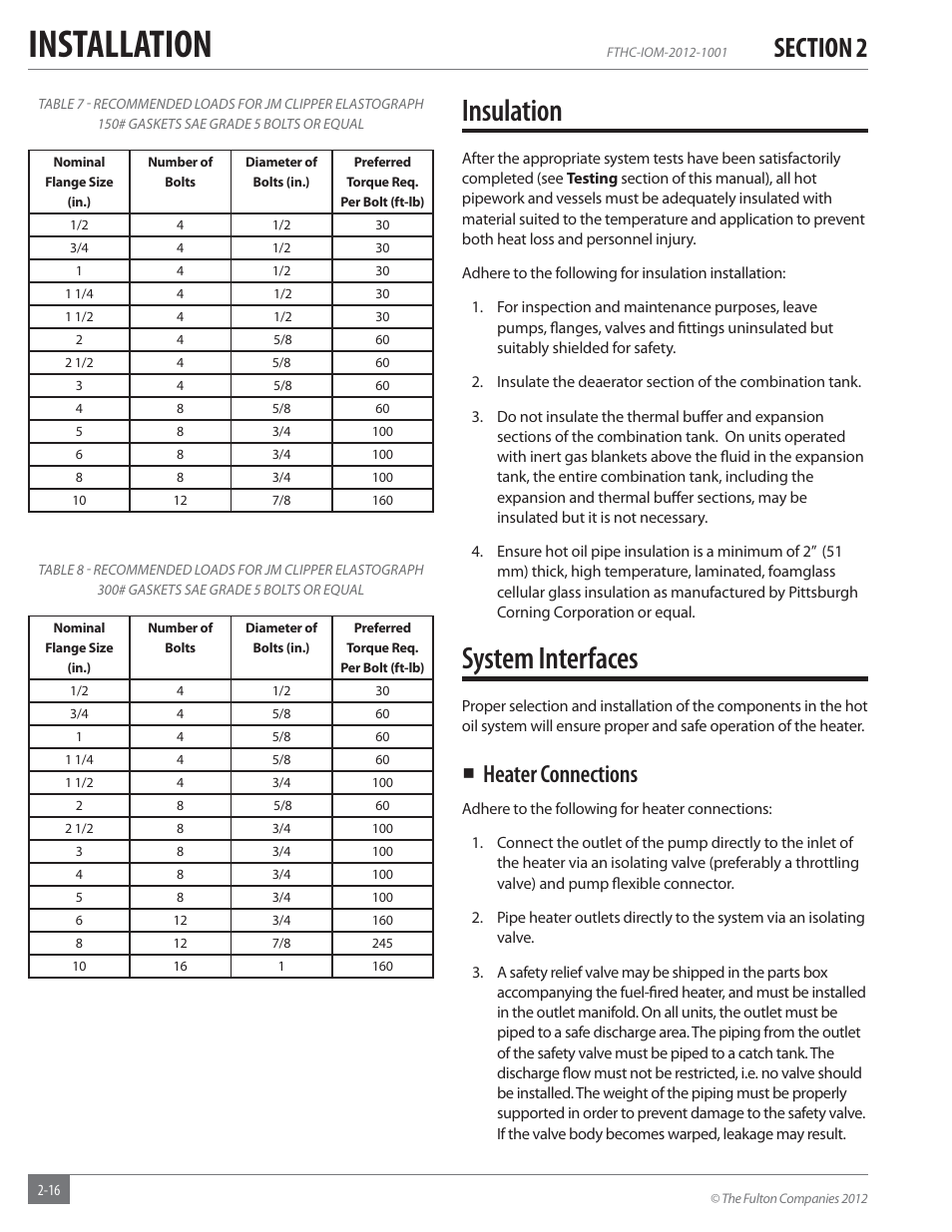 Installation, Insulation, System interfaces | Heater connections | Fulton Alliance (FT-HC) Horizontal Coil Thermal Fluid (hot oil) Heater User Manual | Page 22 / 88