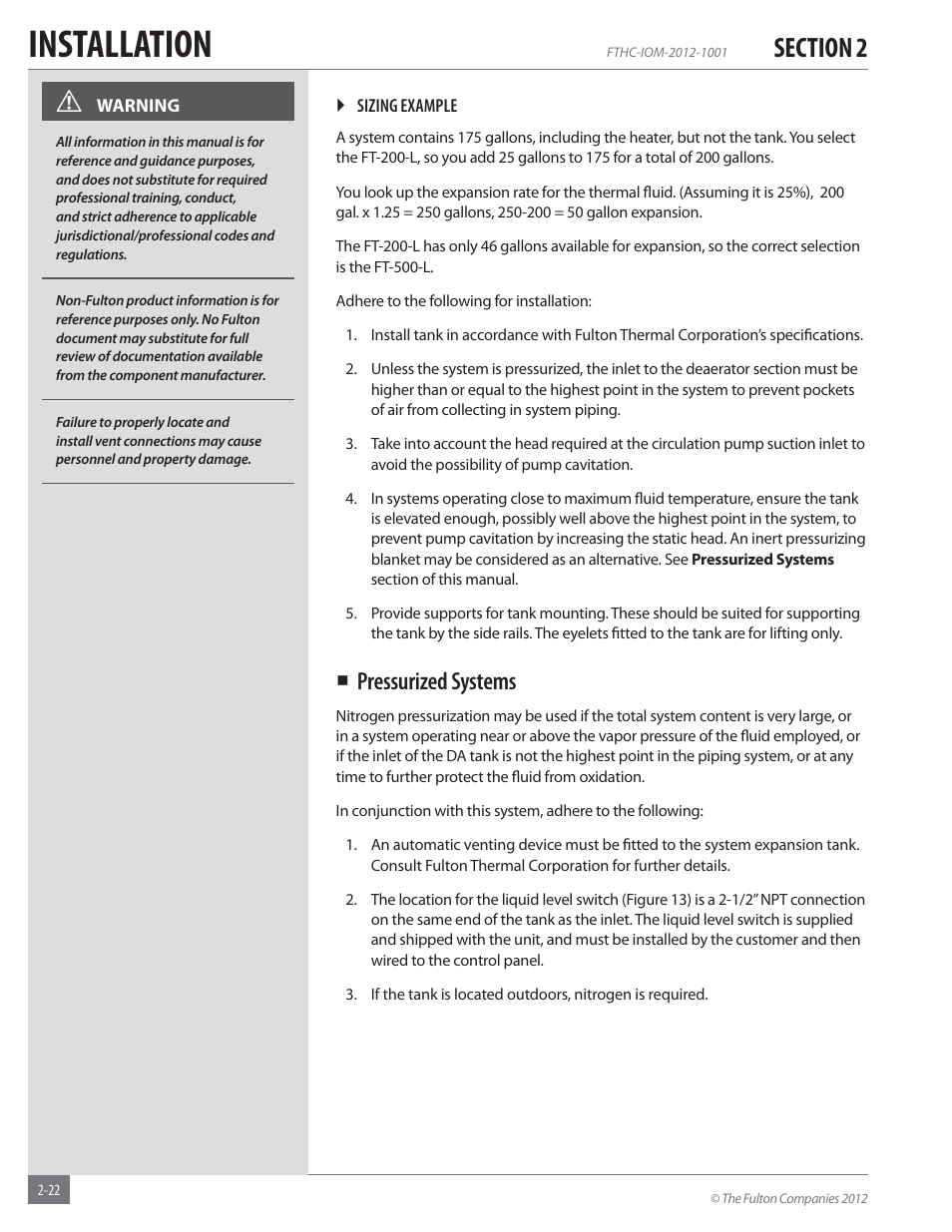 Installation, Pressurized systems | Fulton Alliance (FT-HC) Horizontal Coil Thermal Fluid (hot oil) Heater User Manual | Page 28 / 88