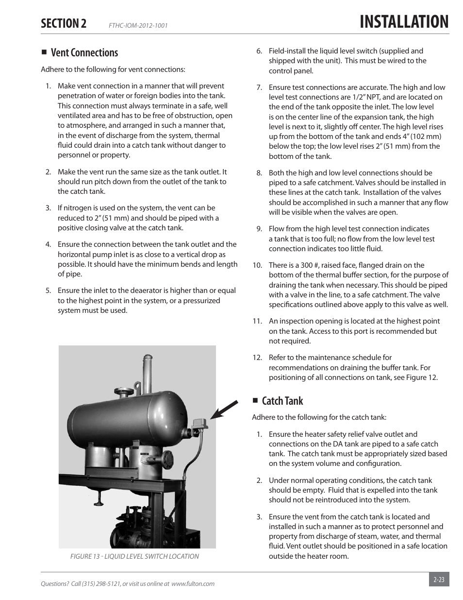 Installation, Vent connections, Catch tank | Fulton Alliance (FT-HC) Horizontal Coil Thermal Fluid (hot oil) Heater User Manual | Page 29 / 88