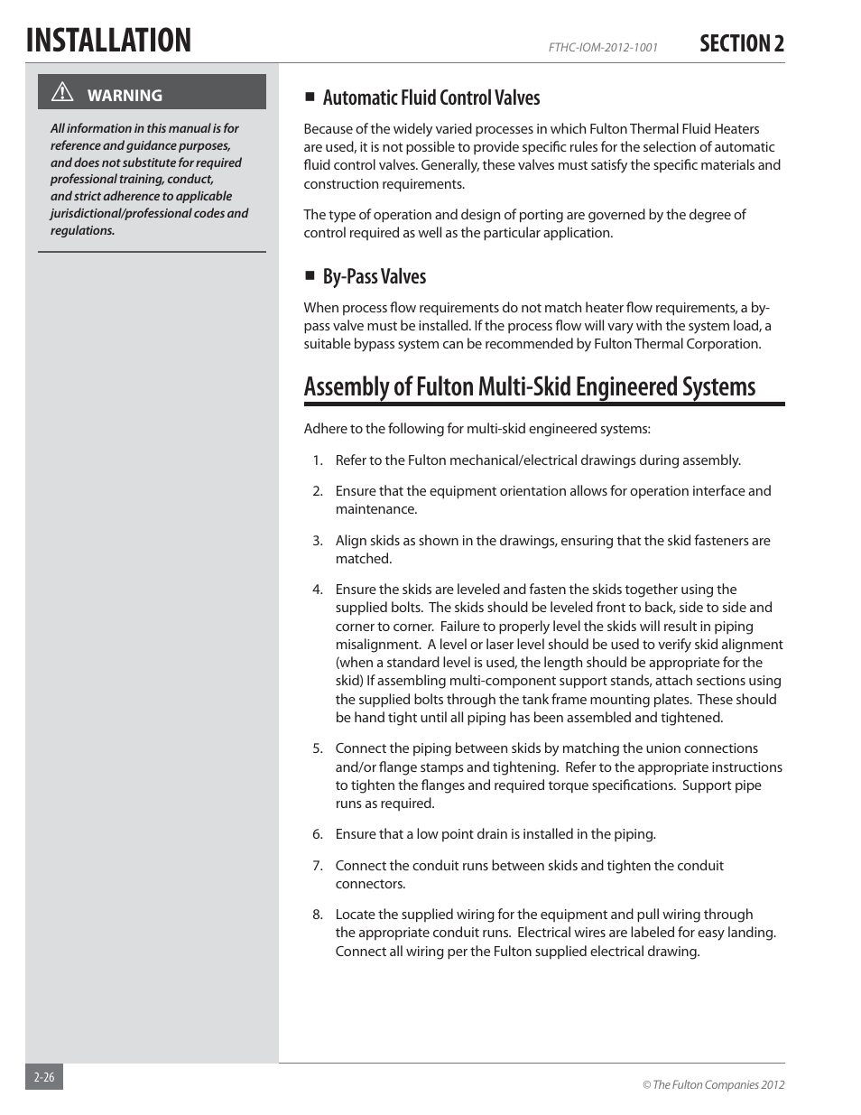 Installation, Assembly of fulton multi-skid engineered systems, Automatic fluid control valves | By-pass valves | Fulton Alliance (FT-HC) Horizontal Coil Thermal Fluid (hot oil) Heater User Manual | Page 32 / 88
