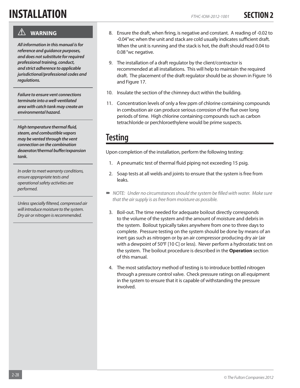 Installation, Testing | Fulton Alliance (FT-HC) Horizontal Coil Thermal Fluid (hot oil) Heater User Manual | Page 34 / 88