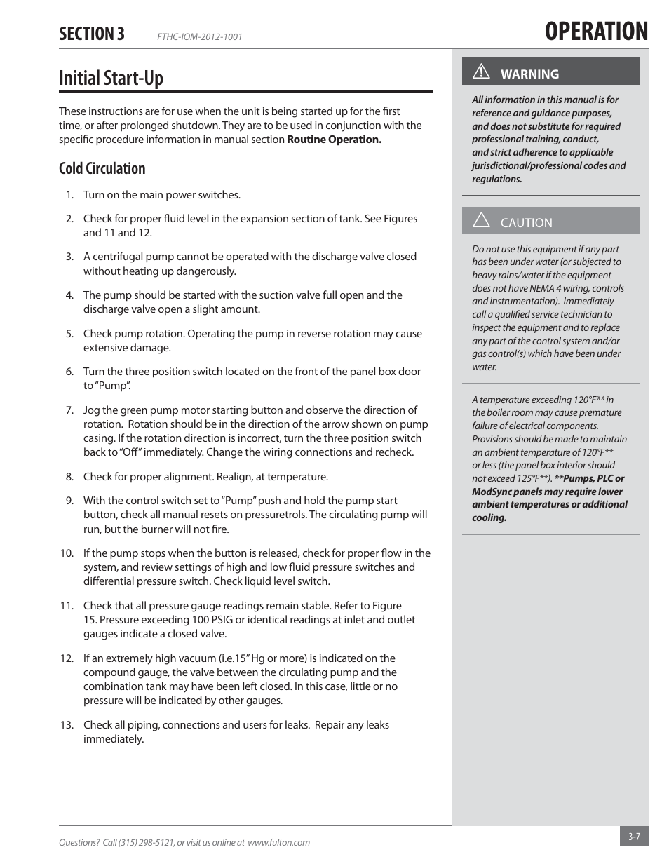 Operation, Initial start-up, Cold circulation | Fulton Alliance (FT-HC) Horizontal Coil Thermal Fluid (hot oil) Heater User Manual | Page 43 / 88