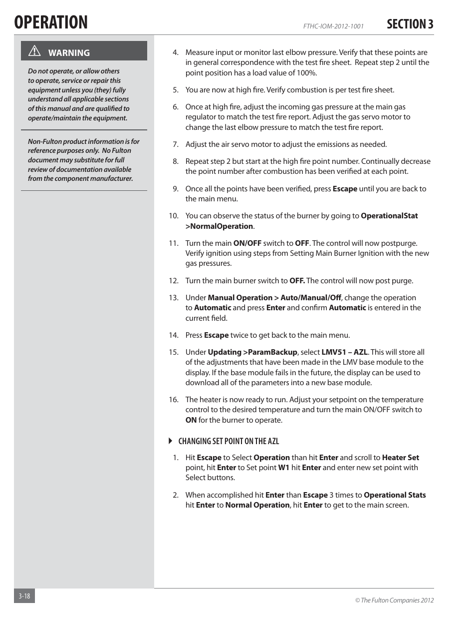 Operation | Fulton Alliance (FT-HC) Horizontal Coil Thermal Fluid (hot oil) Heater User Manual | Page 54 / 88