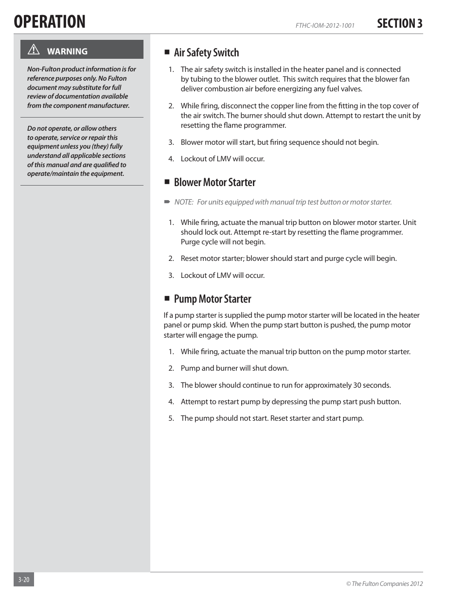 Operation, Air safety switch, Blower motor starter | Pump motor starter | Fulton Alliance (FT-HC) Horizontal Coil Thermal Fluid (hot oil) Heater User Manual | Page 56 / 88