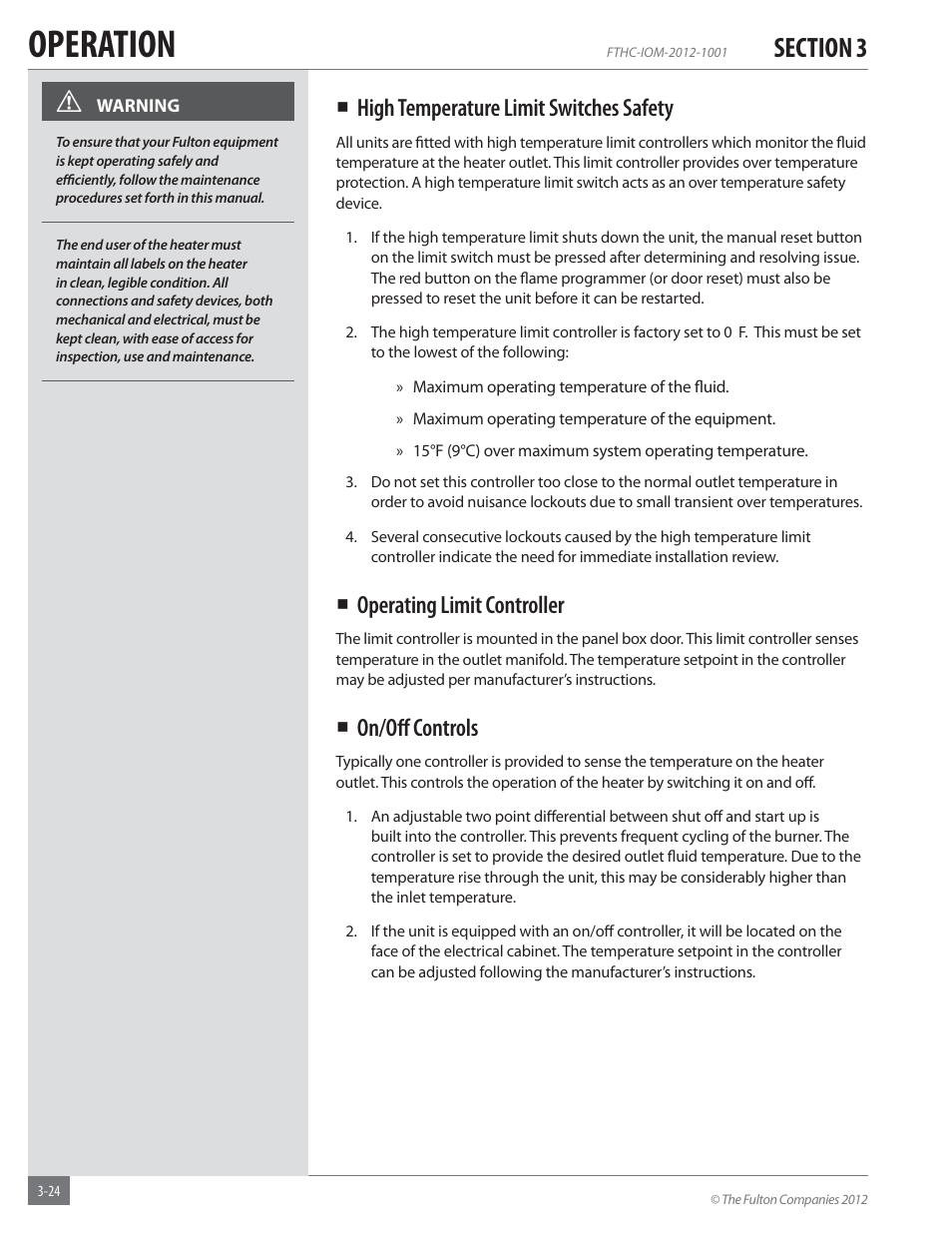 Operation, High temperature limit switches safety, Operating limit controller | On/oﬀ controls | Fulton Alliance (FT-HC) Horizontal Coil Thermal Fluid (hot oil) Heater User Manual | Page 60 / 88