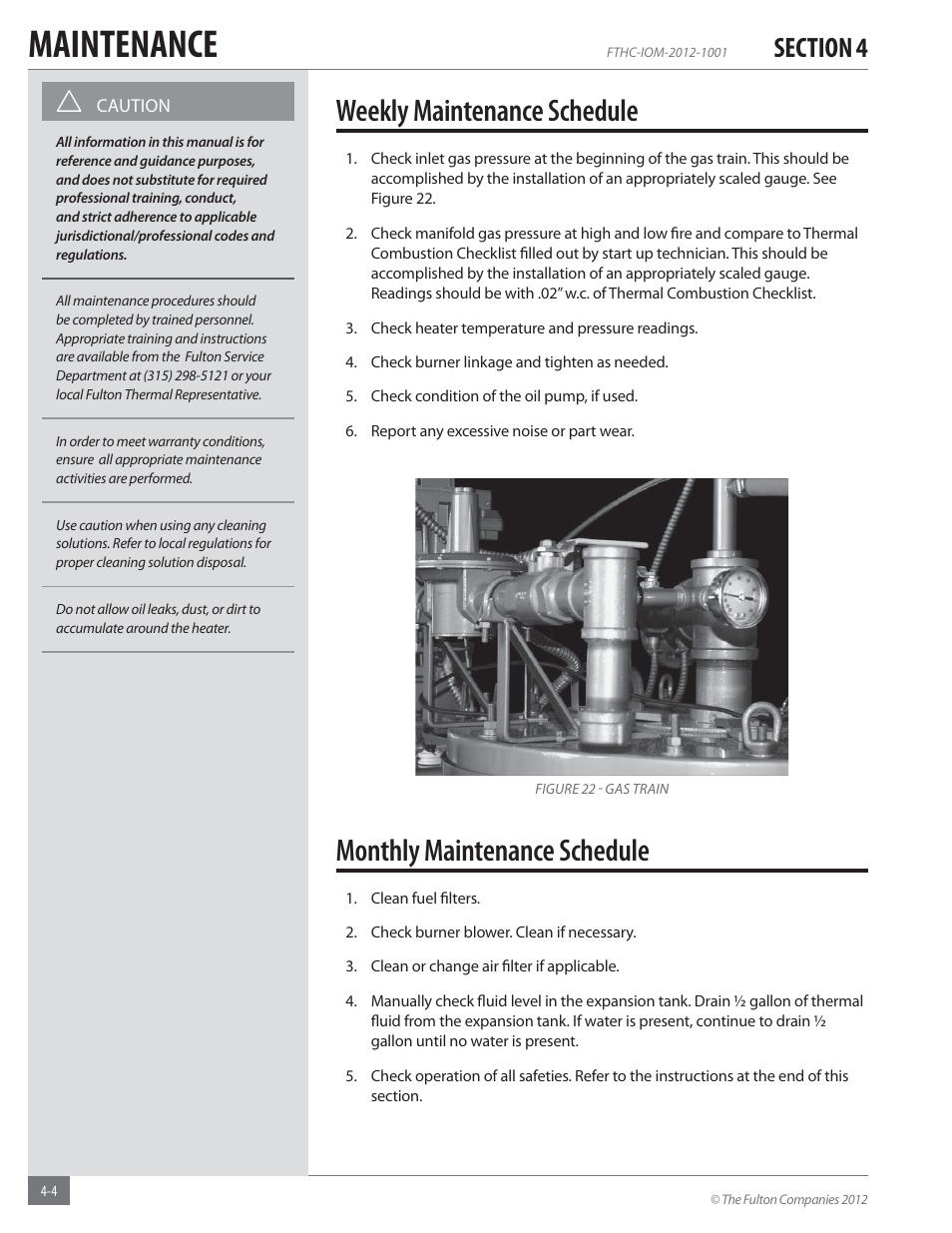 Maintenance, Weekly maintenance schedule, Monthly maintenance schedule | Fulton Alliance (FT-HC) Horizontal Coil Thermal Fluid (hot oil) Heater User Manual | Page 68 / 88