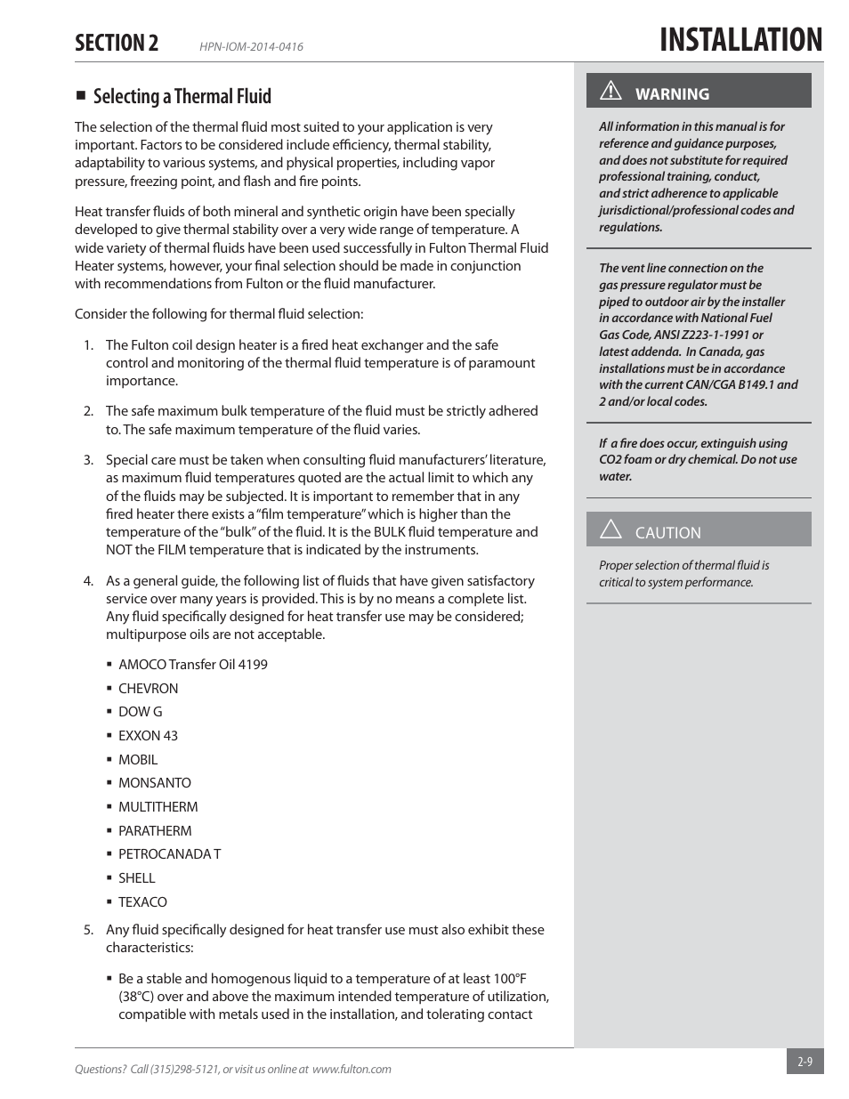 Installation, Selecting a thermal fluid | Fulton Hopkins (HPN) Horizontal Coil Thermal Fluid (hot oil) Heater User Manual | Page 15 / 84