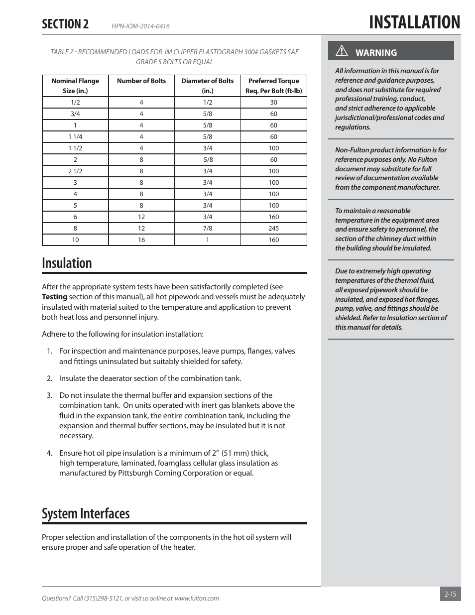 Installation, Insulation, System interfaces | Fulton Hopkins (HPN) Horizontal Coil Thermal Fluid (hot oil) Heater User Manual | Page 21 / 84