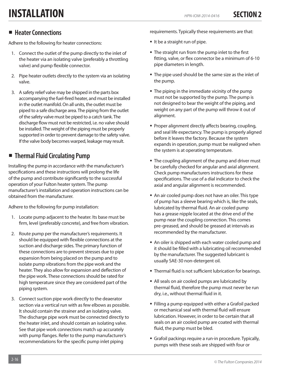 Installation, Heater connections, Thermal fluid circulating pump | Fulton Hopkins (HPN) Horizontal Coil Thermal Fluid (hot oil) Heater User Manual | Page 22 / 84