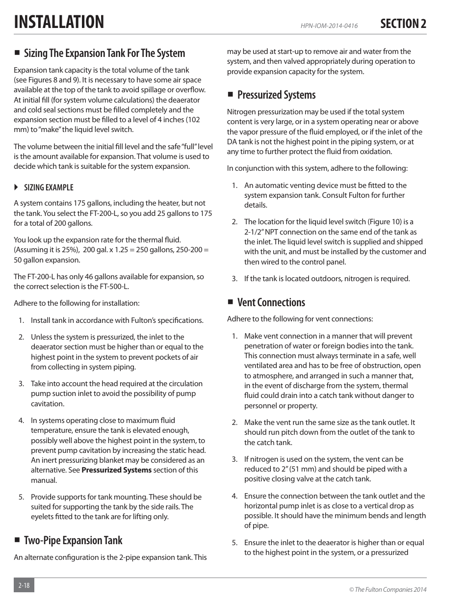 Installation, Sizing the expansion tank for the system, Two-pipe expansion tank | Pressurized systems, Vent connections | Fulton Hopkins (HPN) Horizontal Coil Thermal Fluid (hot oil) Heater User Manual | Page 24 / 84