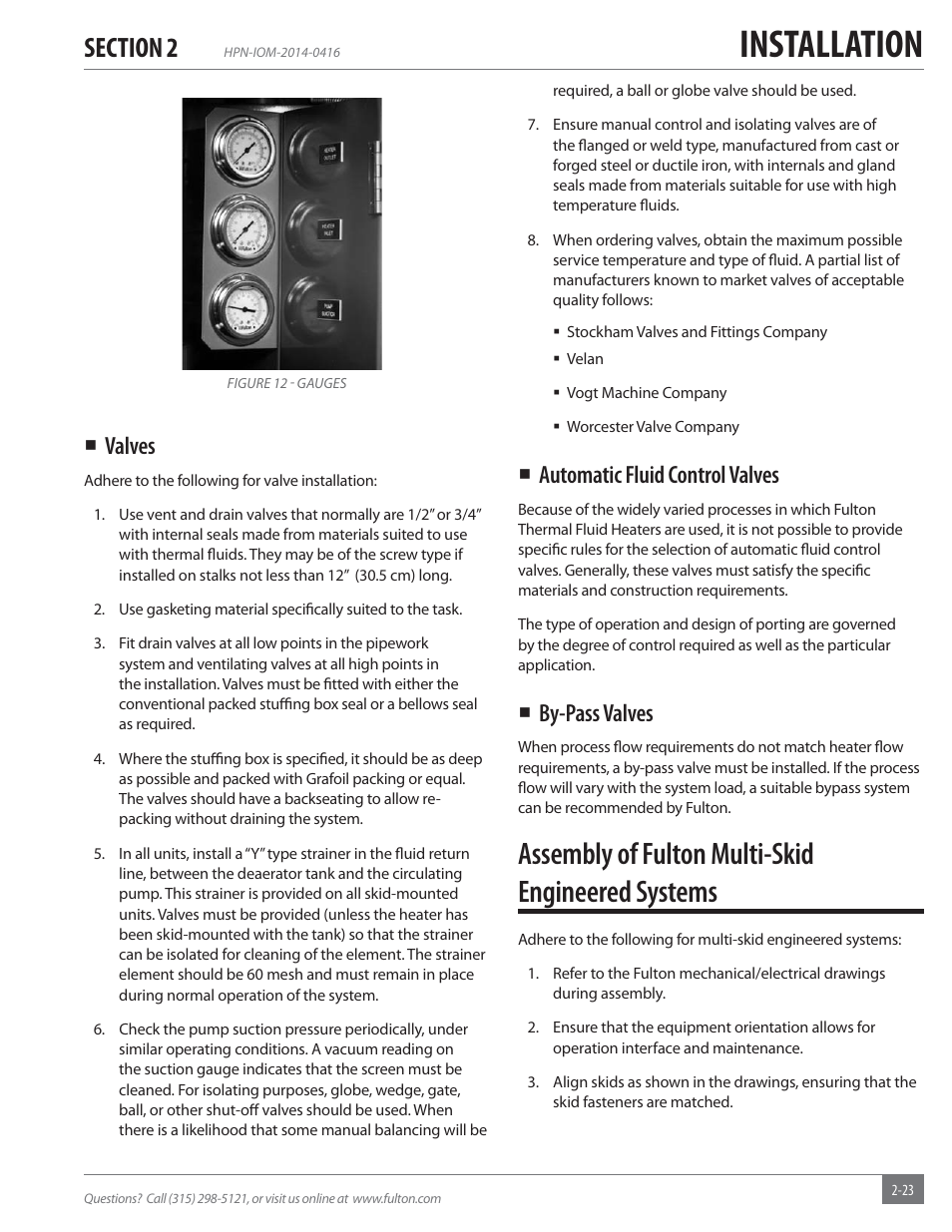 Installation, Assembly of fulton multi-skid engineered systems, Valves | Automatic fluid control valves, By-pass valves | Fulton Hopkins (HPN) Horizontal Coil Thermal Fluid (hot oil) Heater User Manual | Page 29 / 84