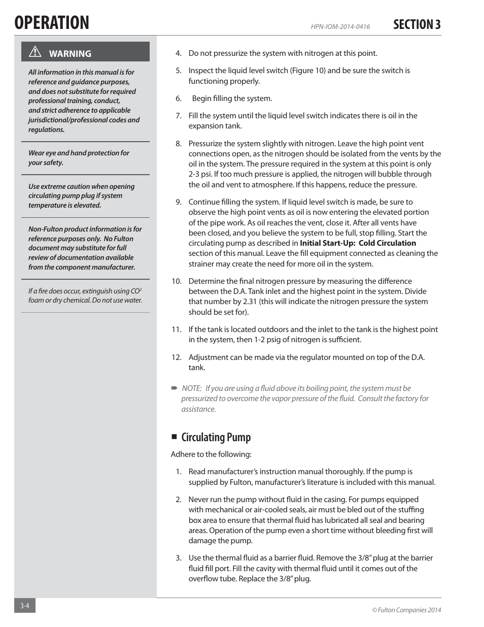 Operation, Circulating pump | Fulton Hopkins (HPN) Horizontal Coil Thermal Fluid (hot oil) Heater User Manual | Page 36 / 84