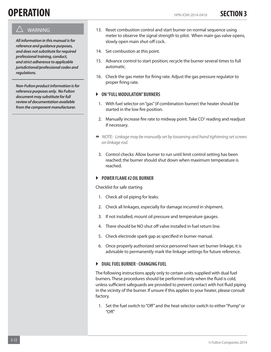 Operation | Fulton Hopkins (HPN) Horizontal Coil Thermal Fluid (hot oil) Heater User Manual | Page 44 / 84