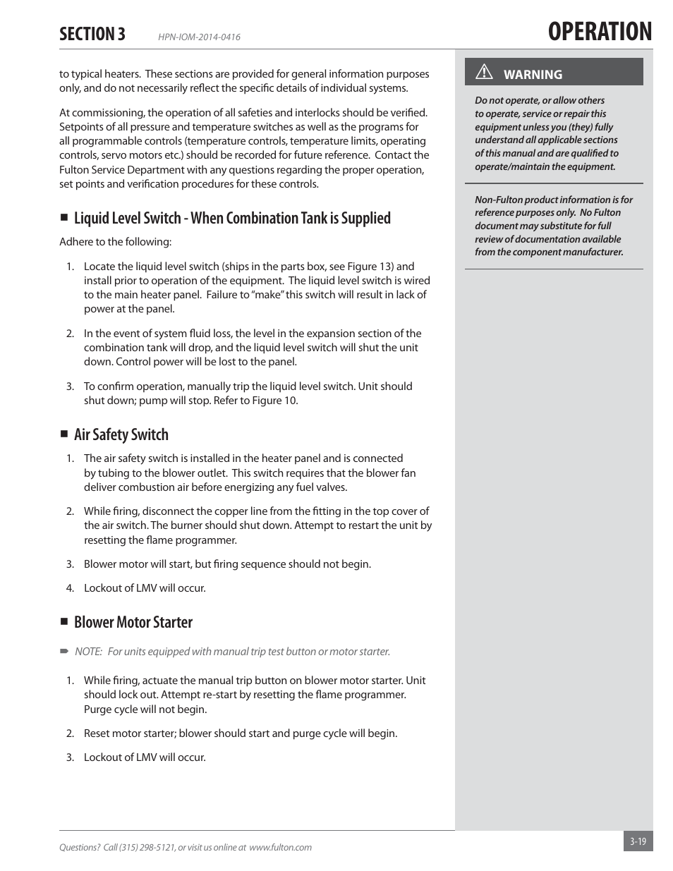 Operation, Air safety switch, Blower motor starter | Fulton Hopkins (HPN) Horizontal Coil Thermal Fluid (hot oil) Heater User Manual | Page 51 / 84