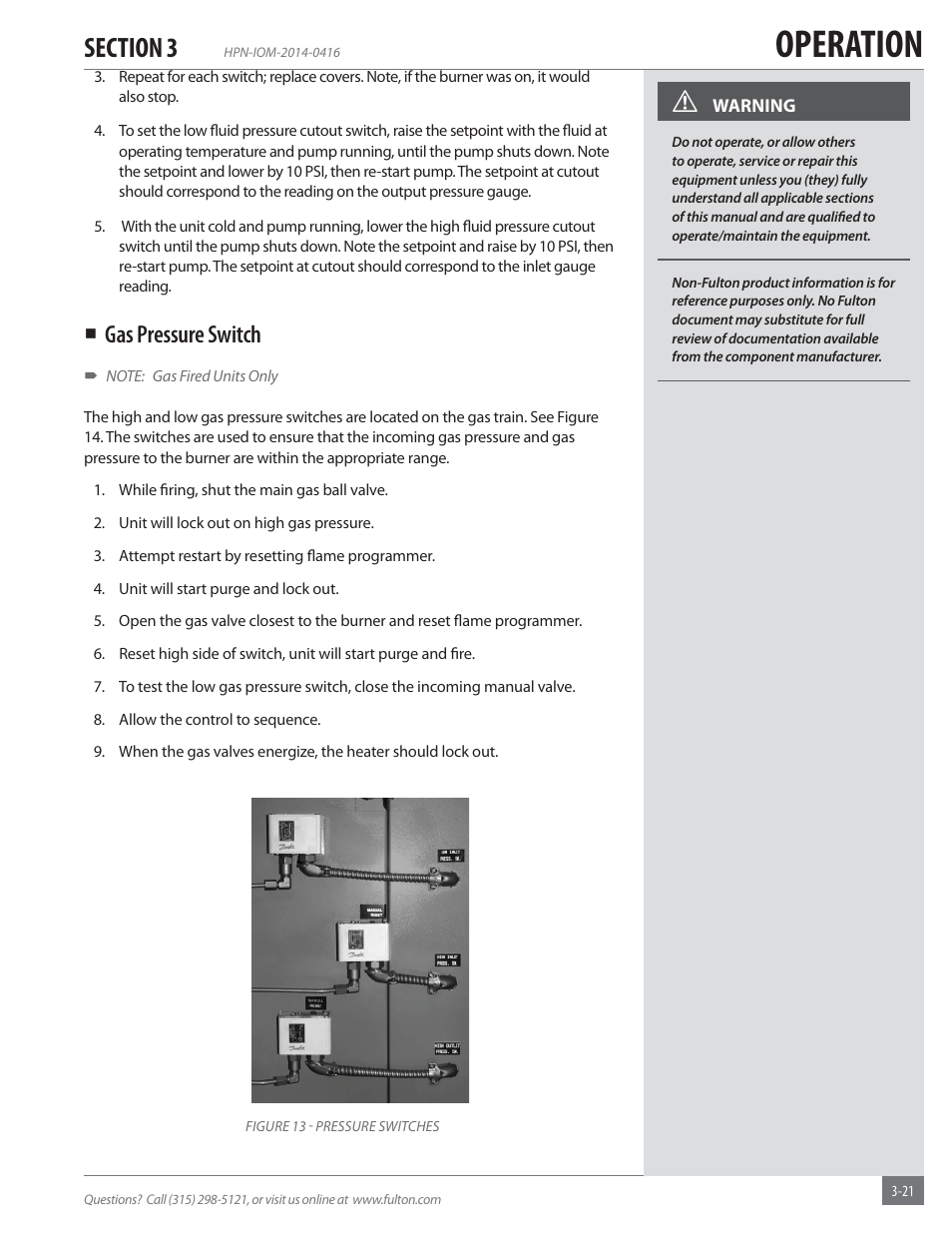 Operation, Gas pressure switch | Fulton Hopkins (HPN) Horizontal Coil Thermal Fluid (hot oil) Heater User Manual | Page 53 / 84