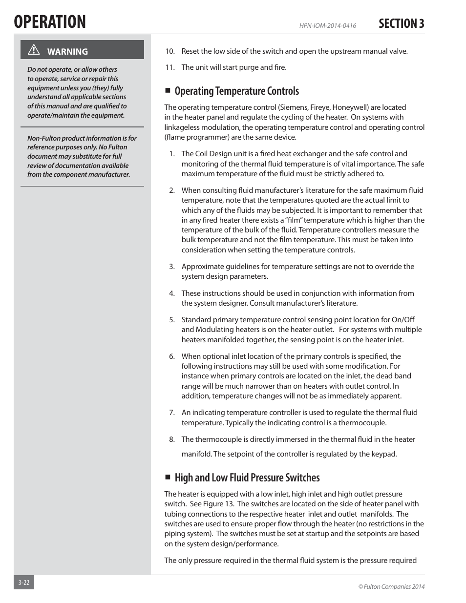 Operation, Operating temperature controls, High and low fluid pressure switches | Fulton Hopkins (HPN) Horizontal Coil Thermal Fluid (hot oil) Heater User Manual | Page 54 / 84
