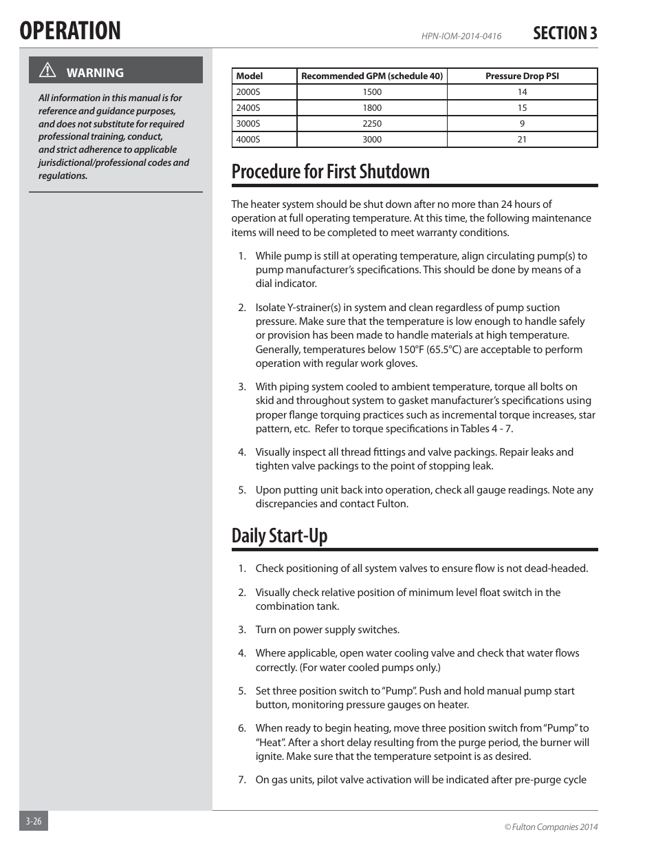 Operation, Procedure for first shutdown, Daily start-up | Fulton Hopkins (HPN) Horizontal Coil Thermal Fluid (hot oil) Heater User Manual | Page 58 / 84