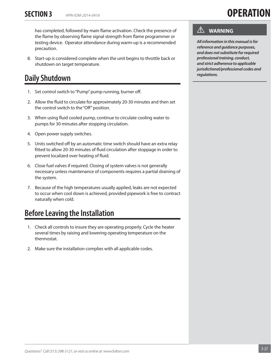 Operation, Daily shutdown, Before leaving the installation | Fulton Hopkins (HPN) Horizontal Coil Thermal Fluid (hot oil) Heater User Manual | Page 59 / 84