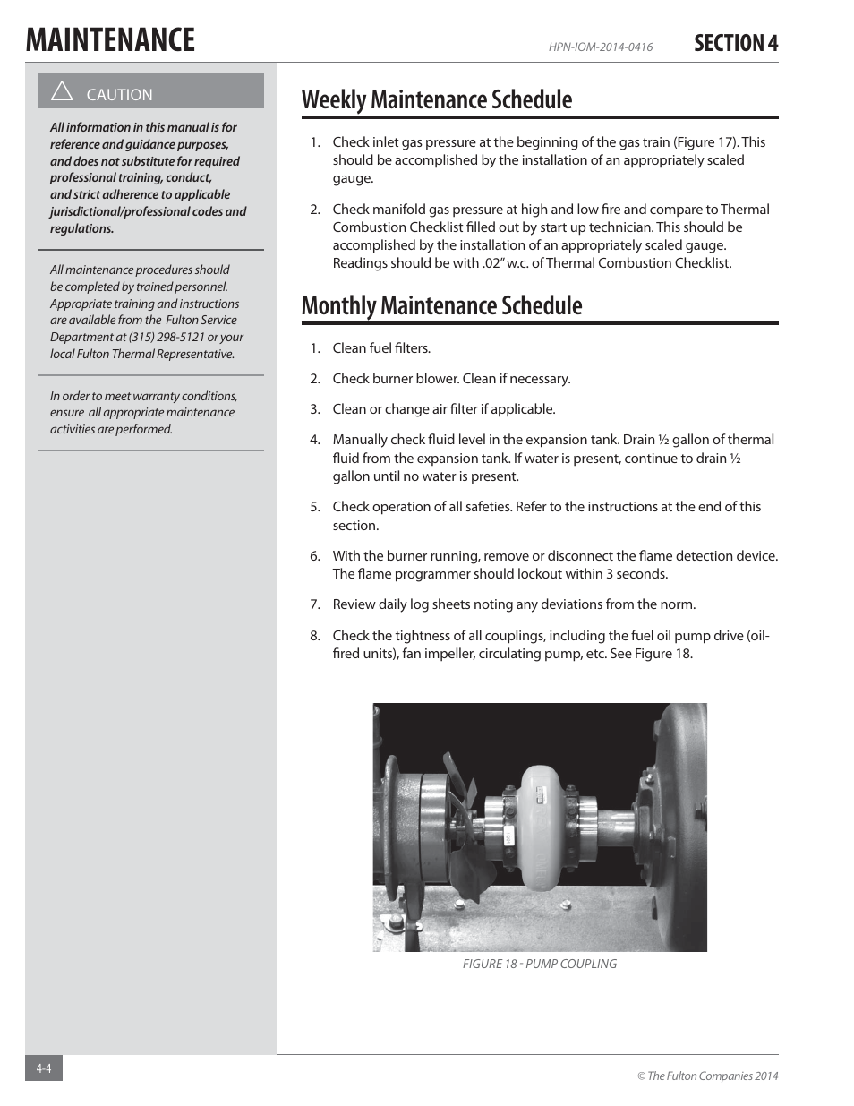 Maintenance, Weekly maintenance schedule, Monthly maintenance schedule | Fulton Hopkins (HPN) Horizontal Coil Thermal Fluid (hot oil) Heater User Manual | Page 64 / 84
