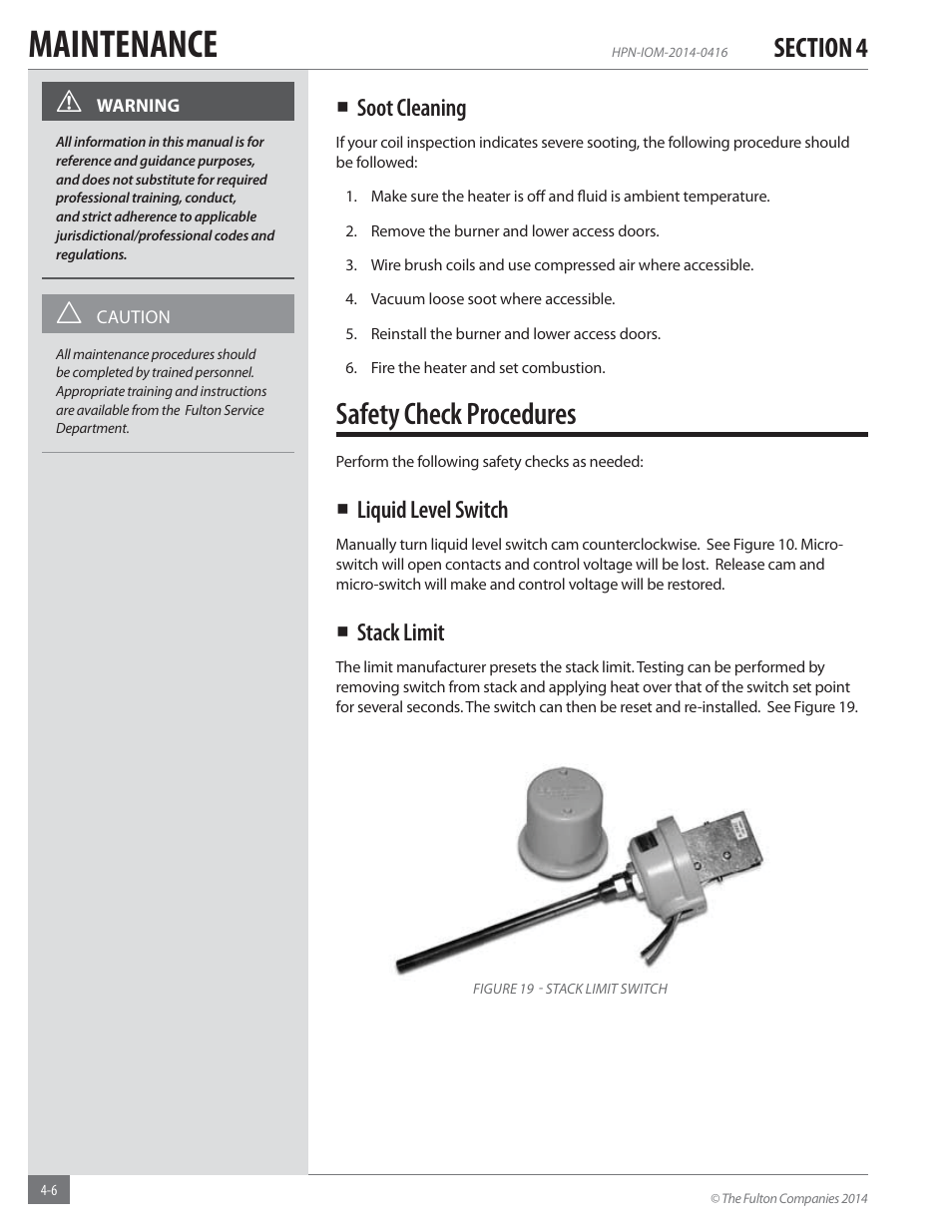 Maintenance, Safety check procedures | Fulton Hopkins (HPN) Horizontal Coil Thermal Fluid (hot oil) Heater User Manual | Page 66 / 84
