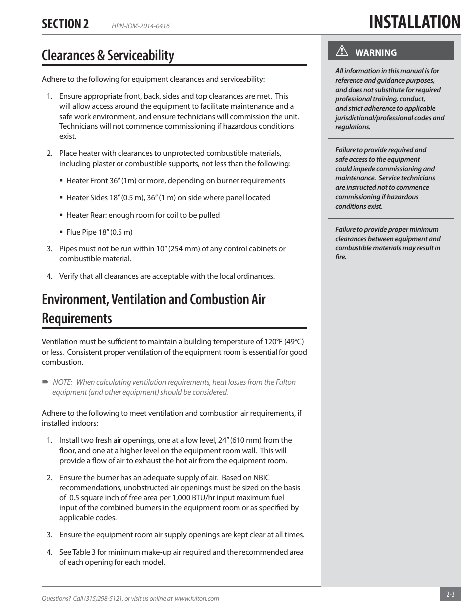 Installation, Clearances & serviceability | Fulton Hopkins (HPN) Horizontal Coil Thermal Fluid (hot oil) Heater User Manual | Page 9 / 84