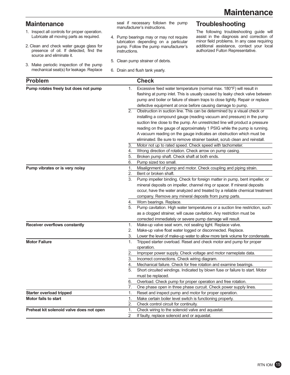 Maintenance, Troubleshooting, Problem check | Fulton Ancillary Equipment Horizontal and Vertical Return Systems User Manual | Page 17 / 24