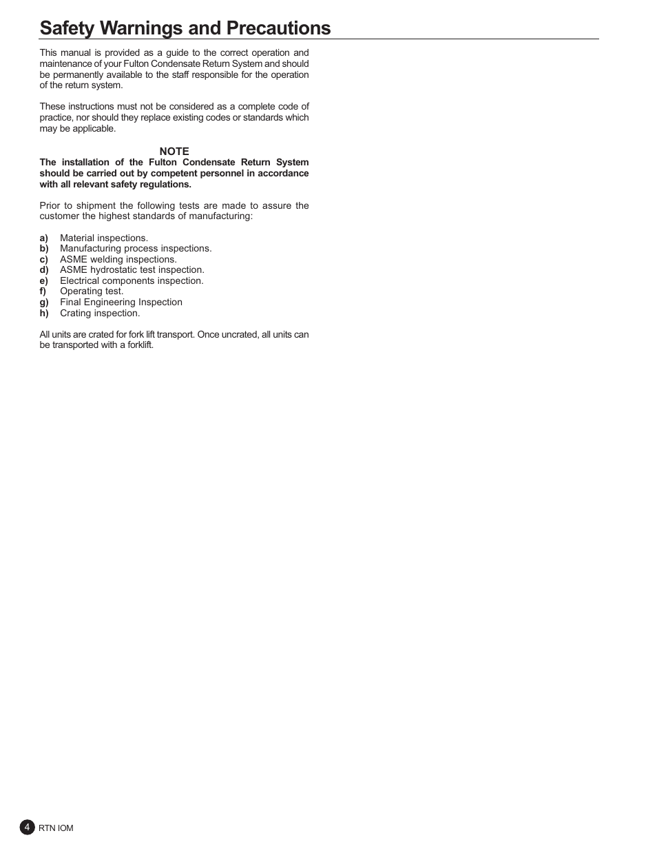 Safety warnings and precautions | Fulton Ancillary Equipment Horizontal and Vertical Return Systems User Manual | Page 6 / 24