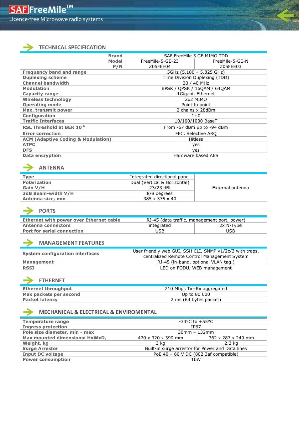 SAF Tehnika SAF FreeMile 5 GE MIMO User Manual | 2 pages
