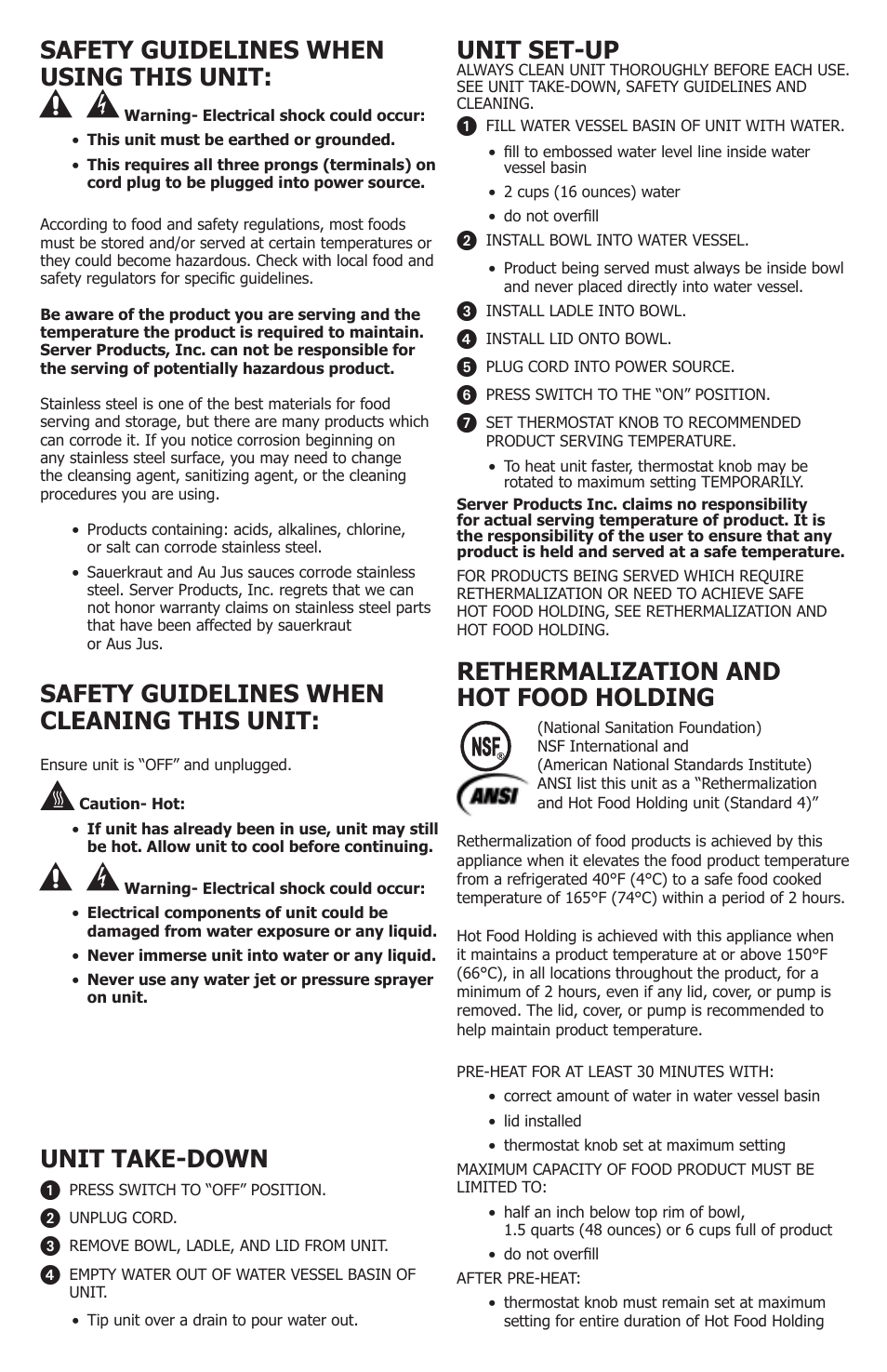 Unit set-up, Unit take-down, Rethermalization and hot food holding | Safety guidelines when using this unit, Safety guidelines when cleaning this unit | Server FS-2 (82700/82710/82770/84700) User Manual | Page 2 / 4